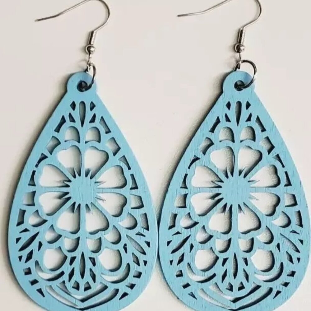 Large Light Blue Bohemian Teardrop Wood Cut Out Flower Dangle Earrings